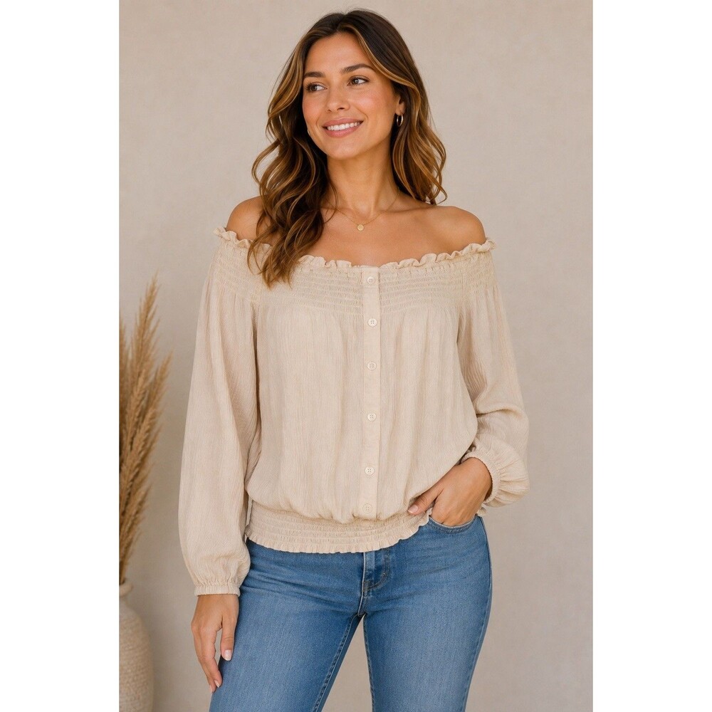 Sanctuary Off Shoulder Blouse Size S Cream Ivory Smocked Button Front Boho